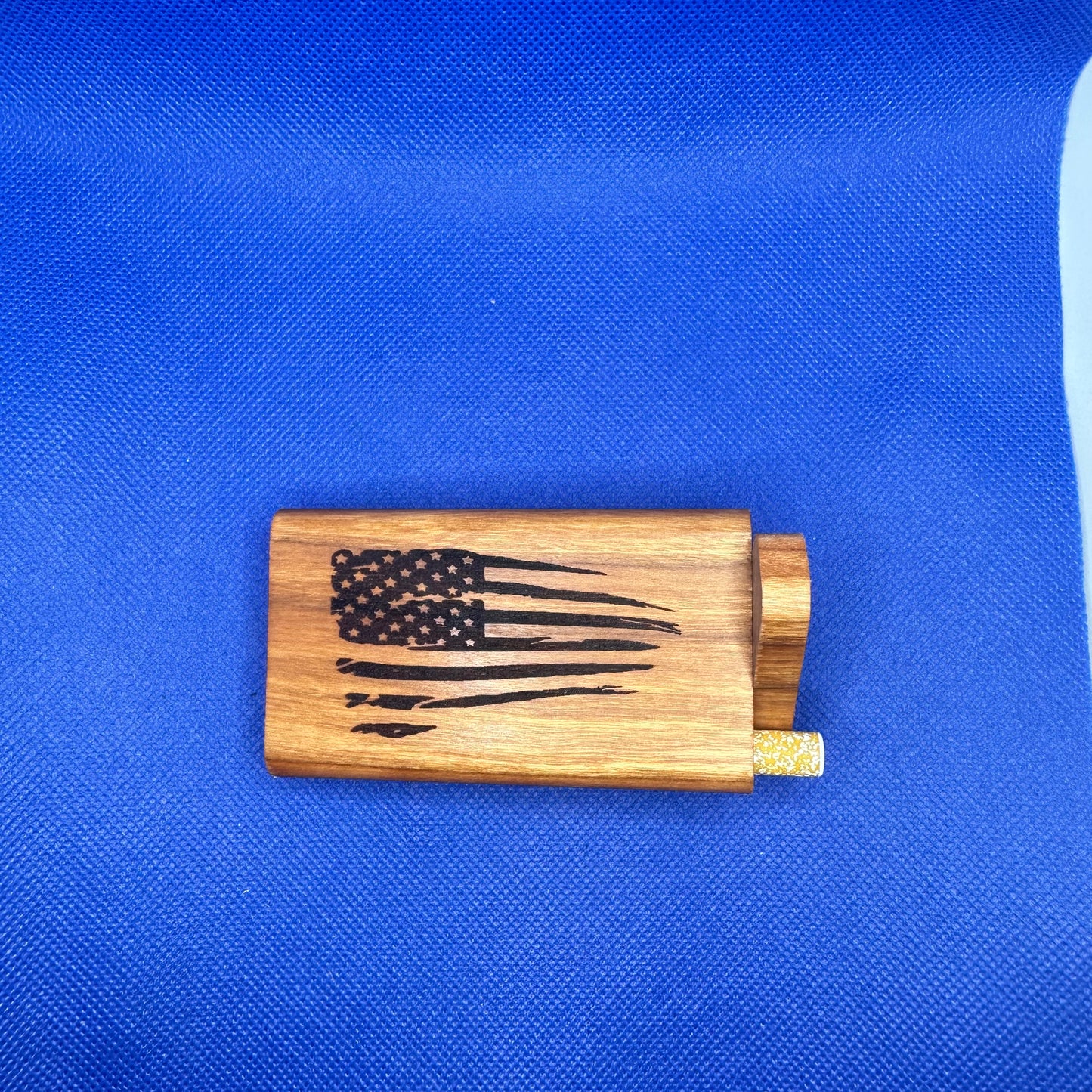 Handmade Cherry Wood Dugout One Hitter Box with Distressed American Flag