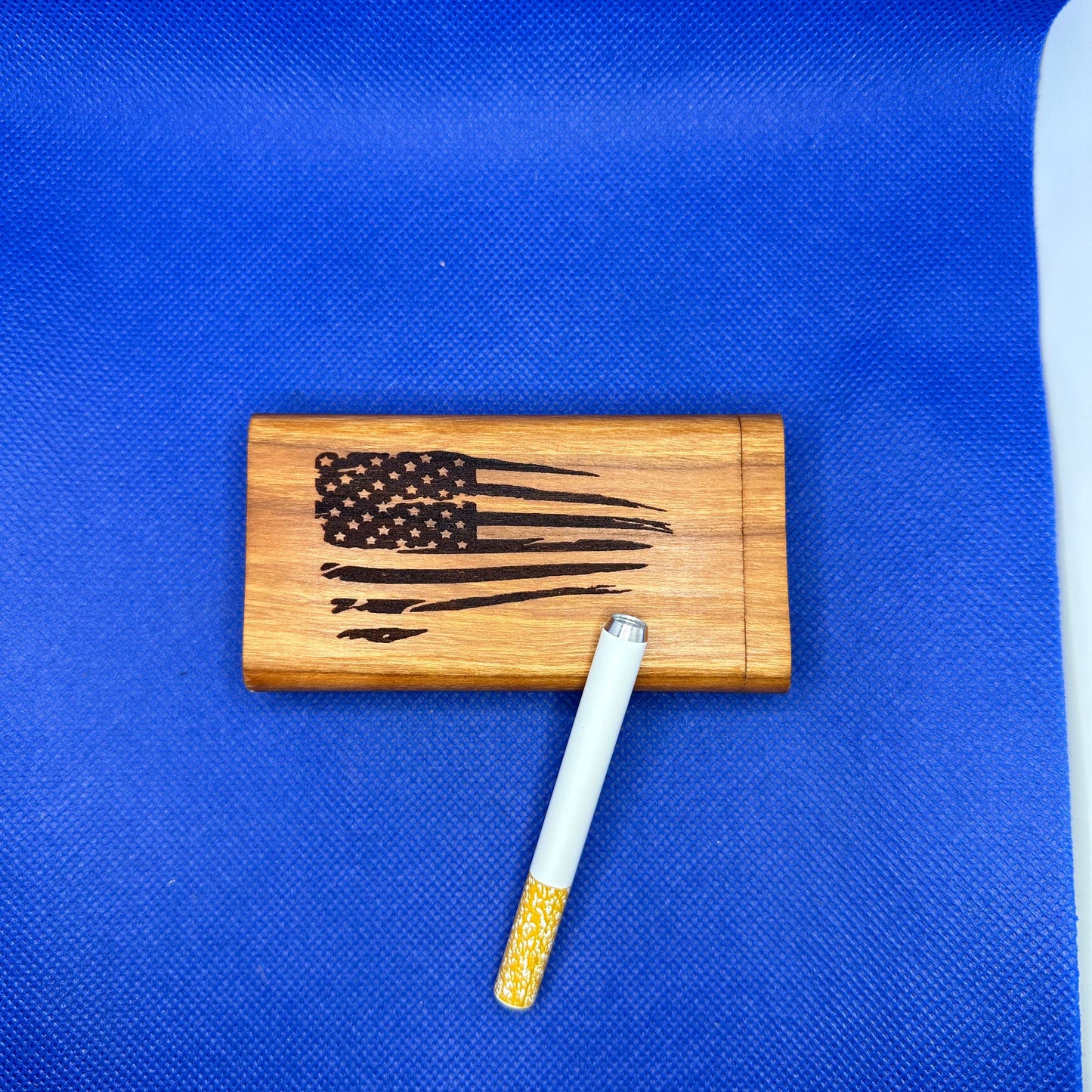 Handmade Cherry Wood Dugout One Hitter Box with Distressed American Flag