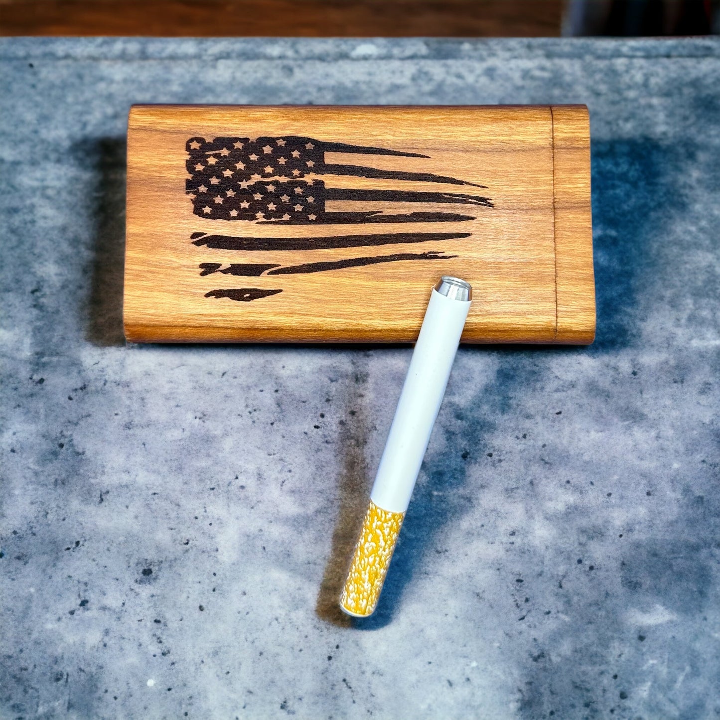 Handmade Cherry Wood Dugout One Hitter Box with Distressed American Flag