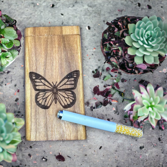 Handmade Cherry Wood Dugout with Butterfly - One Hitter Box