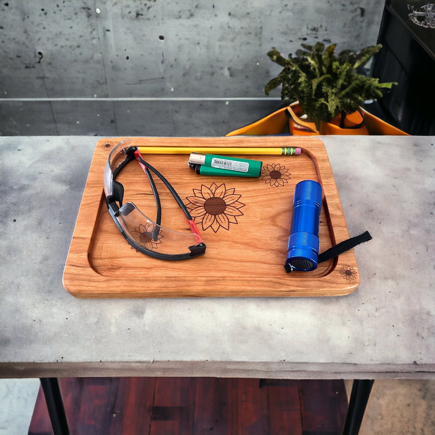 Handmade Wood Valet Tray / Catch All Tray EDC - Sunflowers