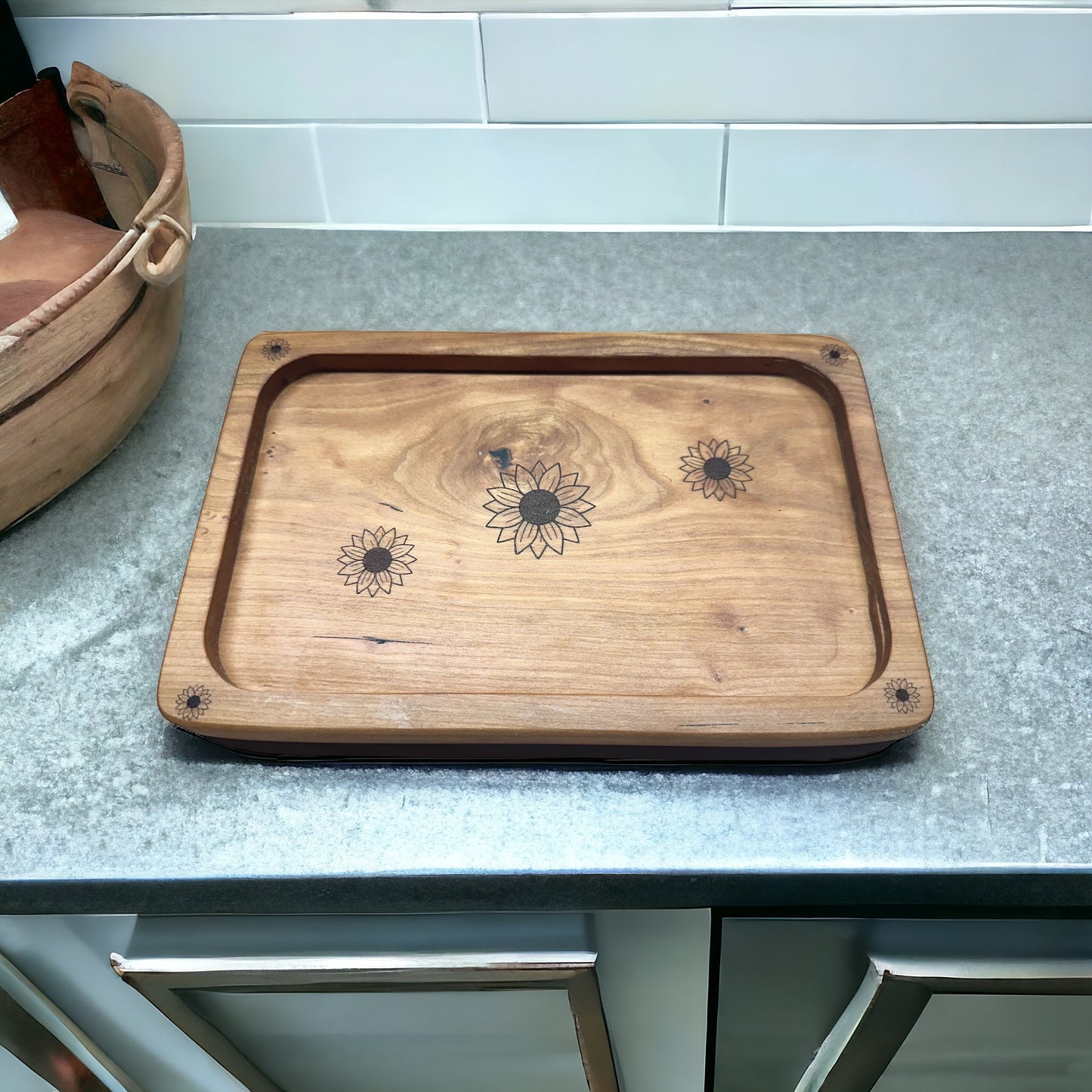 Handmade Wood Valet Tray / Catch All Tray EDC - Sunflowers