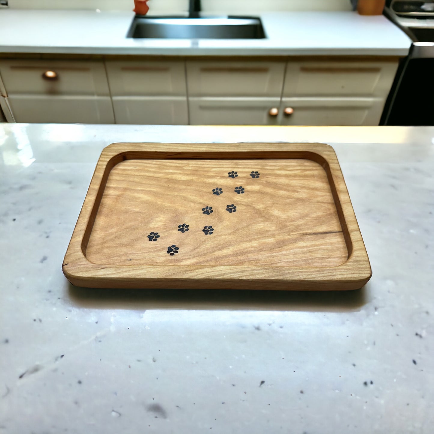 Catchall EDC Tray with Puppy Paw Prints on Cherry Wood