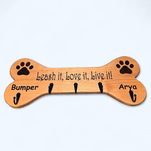 Personalized Cherry Wood Bone-Shaped Dog Leash Holder with Engraved Paw Prints